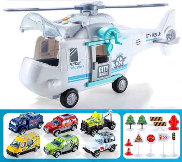 Hộp đồ chơi máy bay trực thăng cứu hộ và 6 xe ô tô