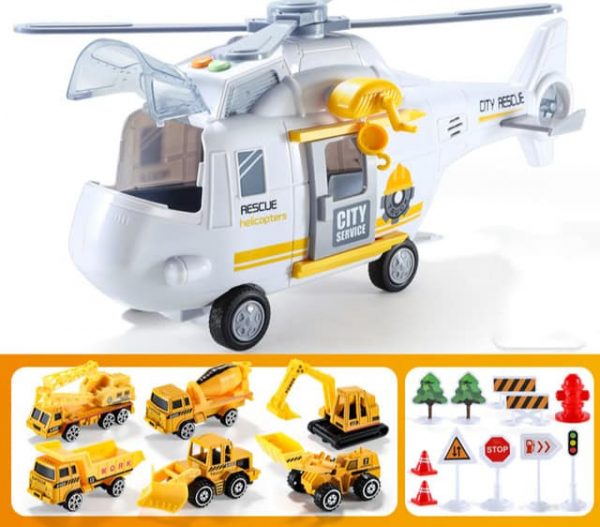 Hộp đồ chơi máy bay trực thăng cứu hộ và 6 xe ô tô
