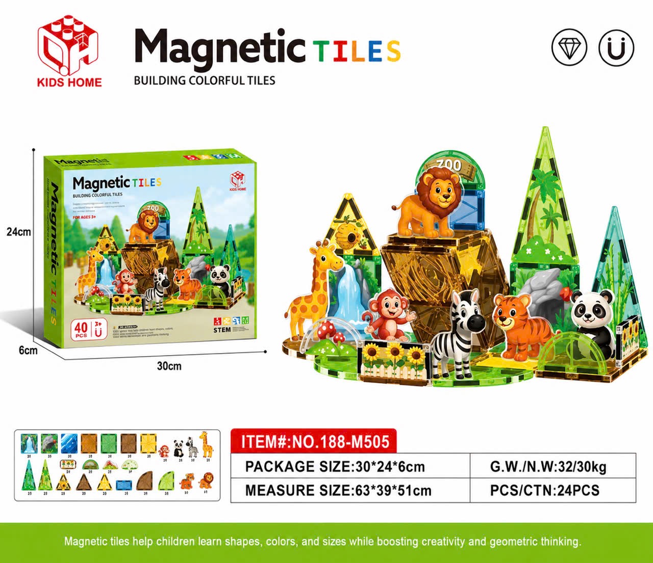 Bộ xếp hình nam châm từ tính magnetic Tiles động vật 40 chi tiết